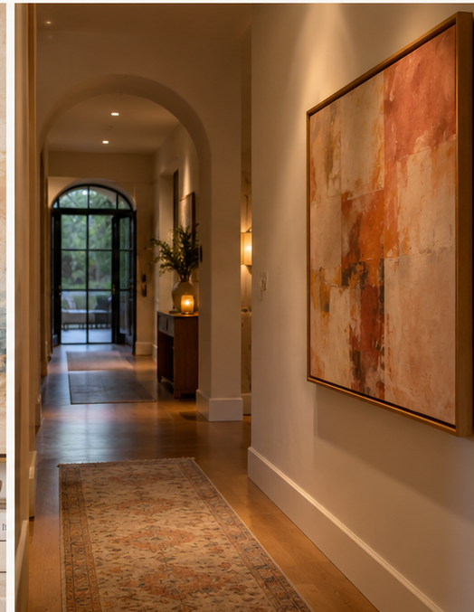 Warm contemporary artwork styled in an elegant hallway interior